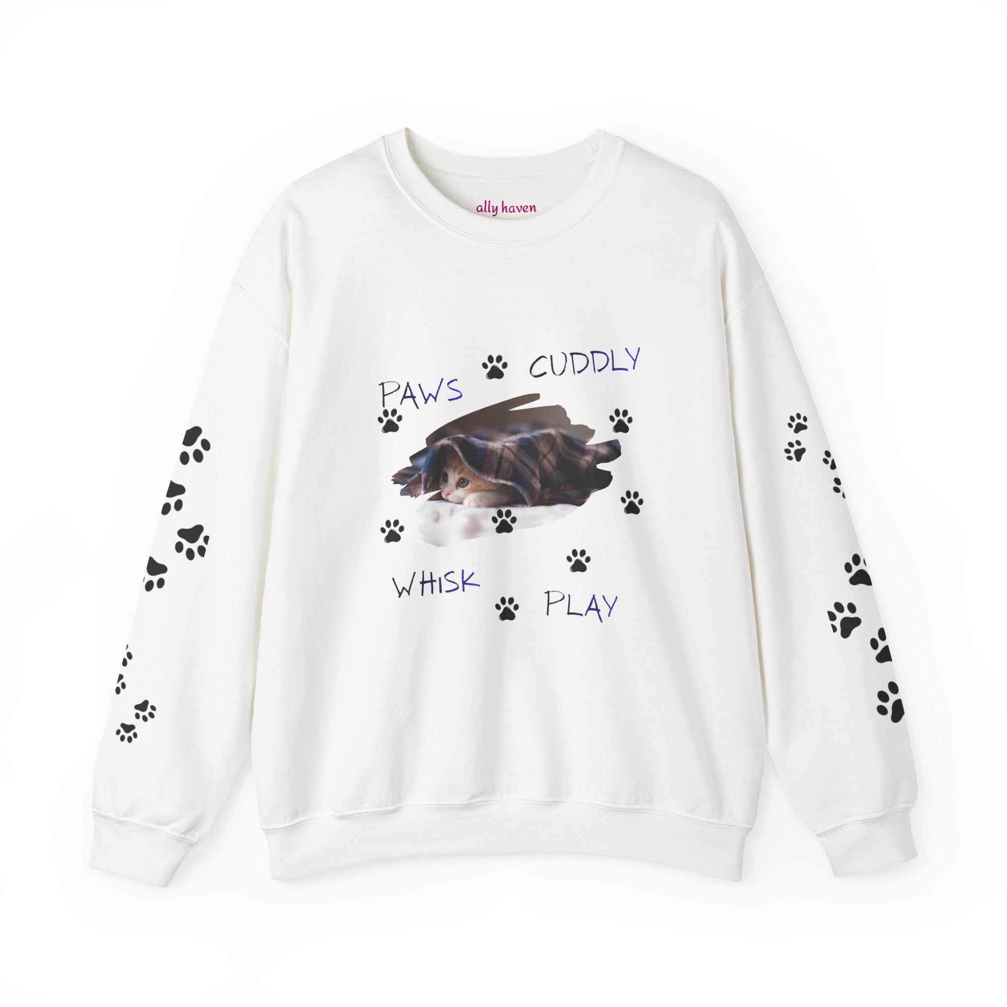 'Paws Cuddly Whisk Play' Crewneck Sweatshirt with Paw‑Print Sleeves