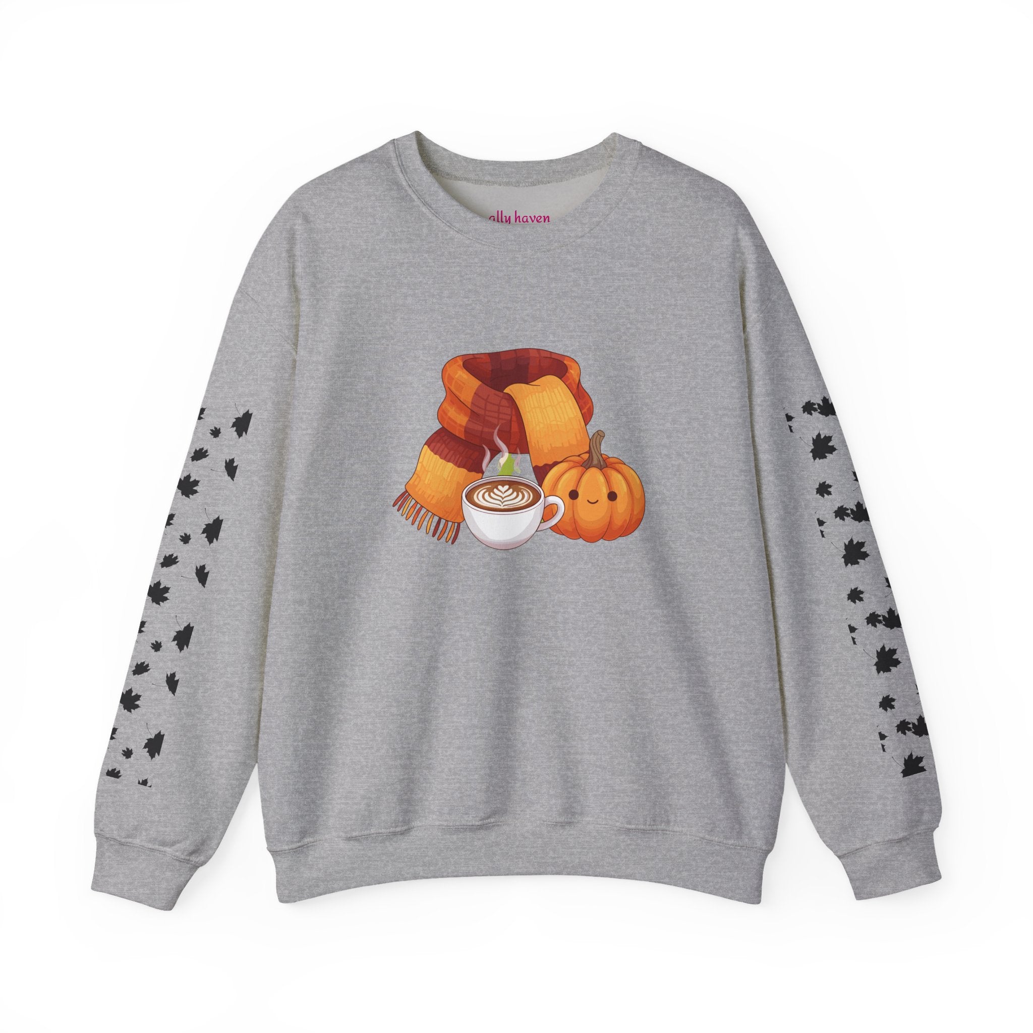 Fall Cozy Crewneck Sweatshirt — Pumpkin Latte, Scarf & Leaf Sleeve Design