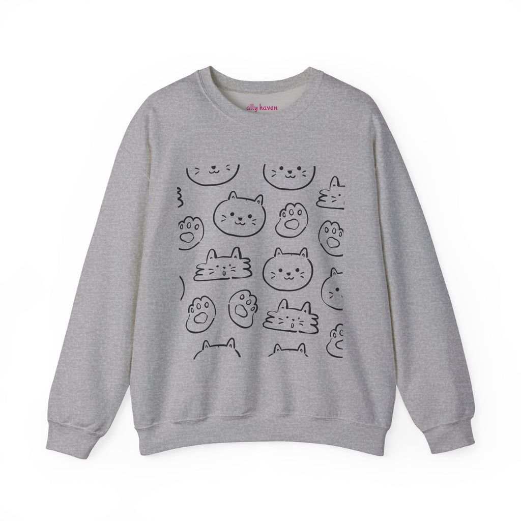 Cozy Cat Grid Crewneck Sweatshirt — 'meow meow meow meow'