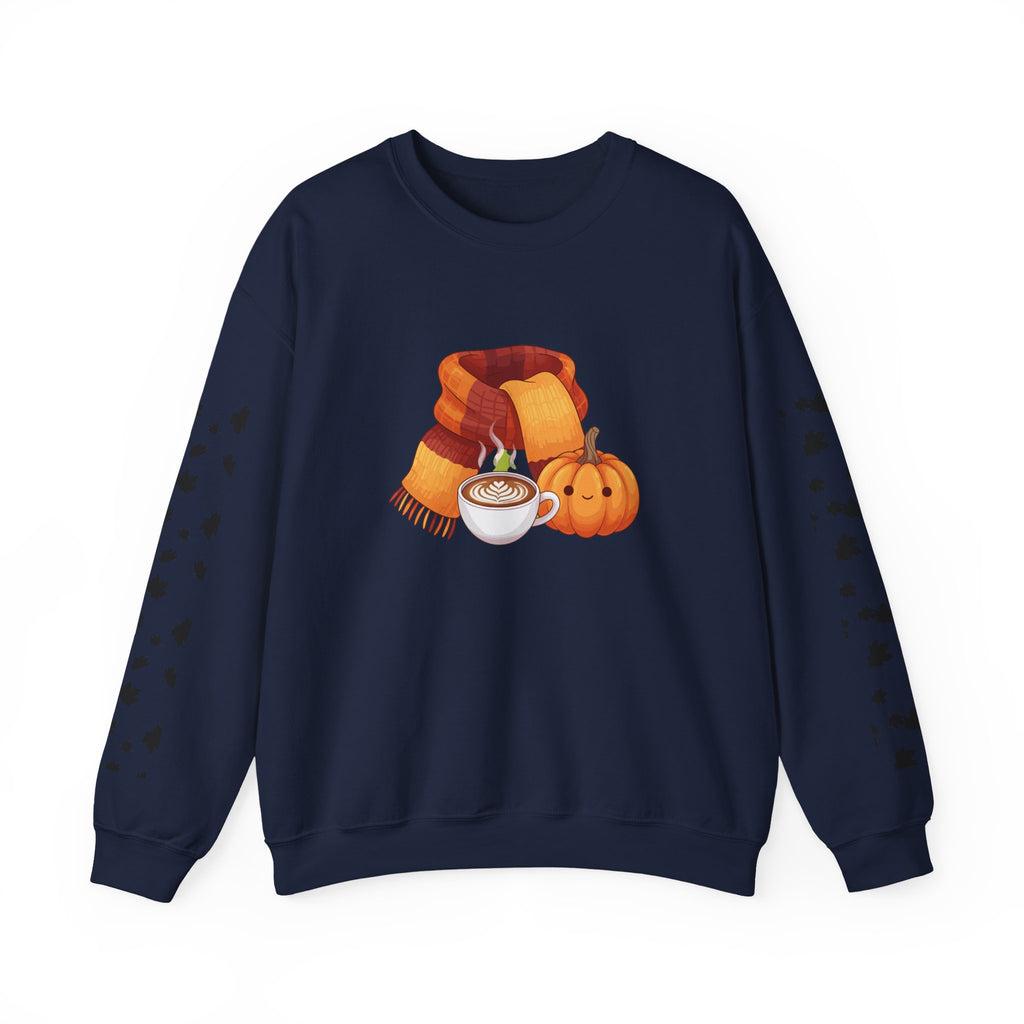 Fall Cozy Crewneck Sweatshirt — Pumpkin Latte, Scarf & Leaf Sleeve Design