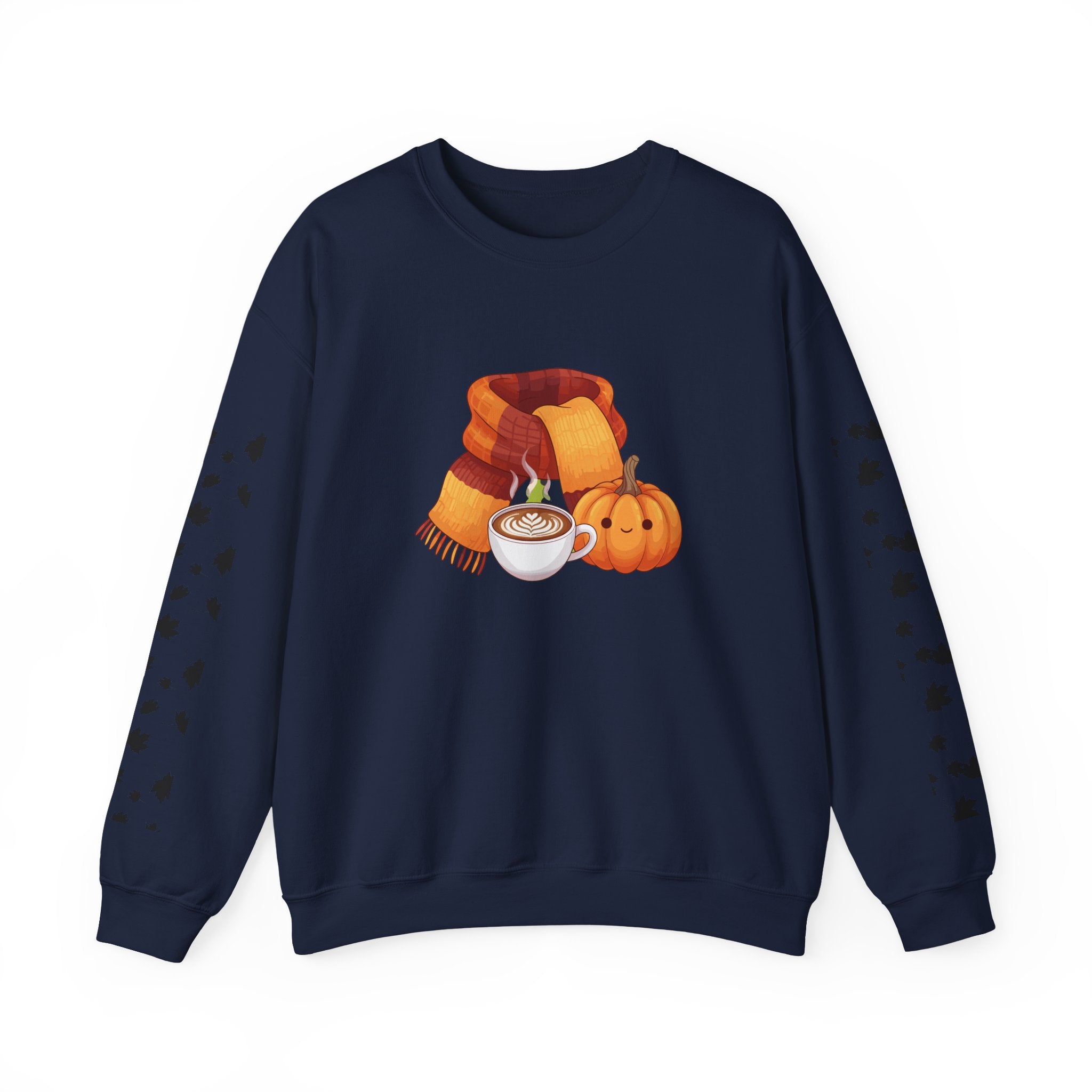 Fall Cozy Crewneck Sweatshirt — Pumpkin Latte, Scarf & Leaf Sleeve Design