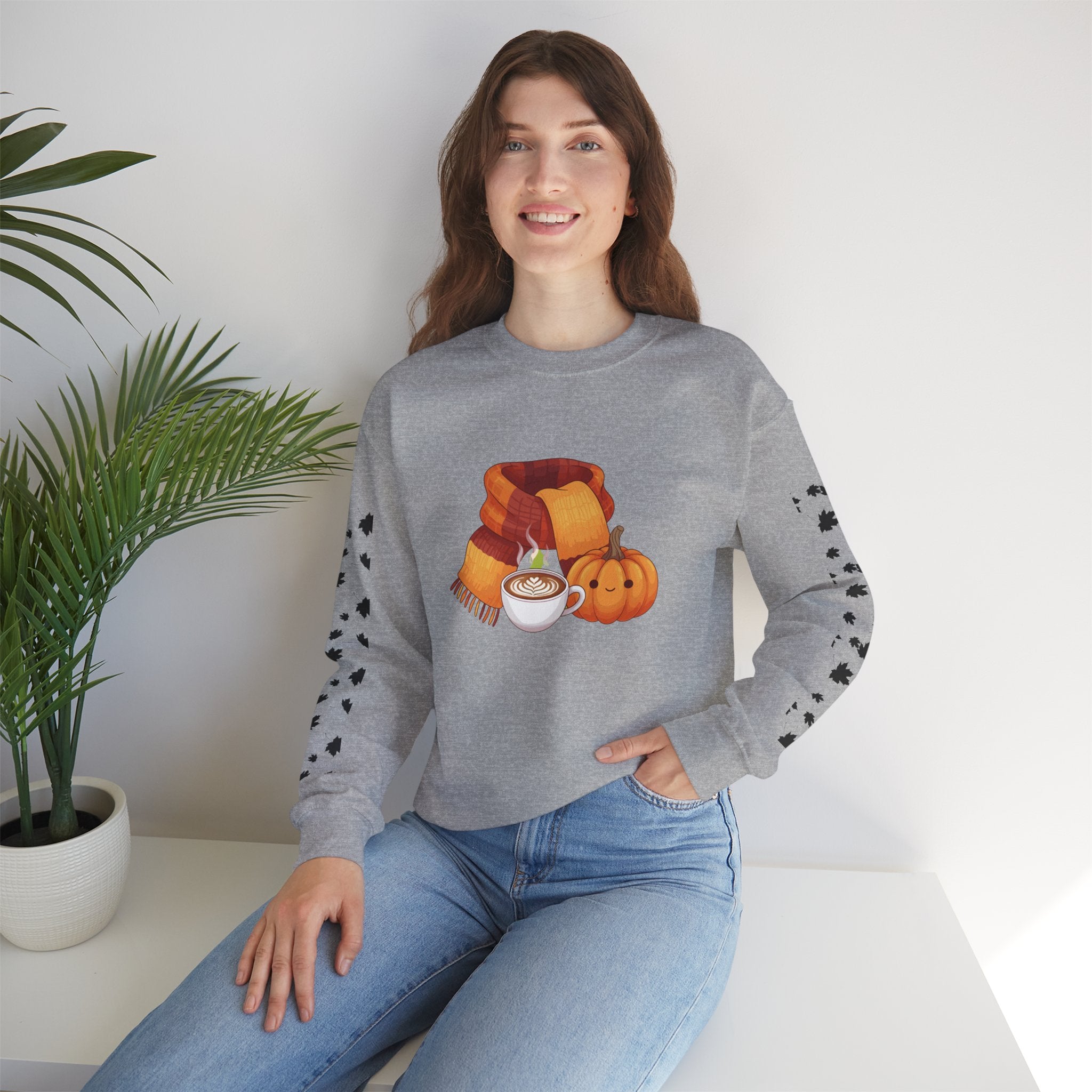 Fall Cozy Crewneck Sweatshirt — Pumpkin Latte, Scarf & Leaf Sleeve Design