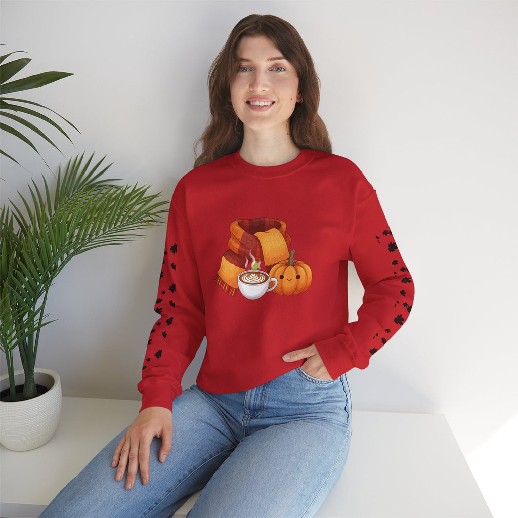 Fall Cozy Crewneck Sweatshirt — Pumpkin Latte, Scarf & Leaf Sleeve Design