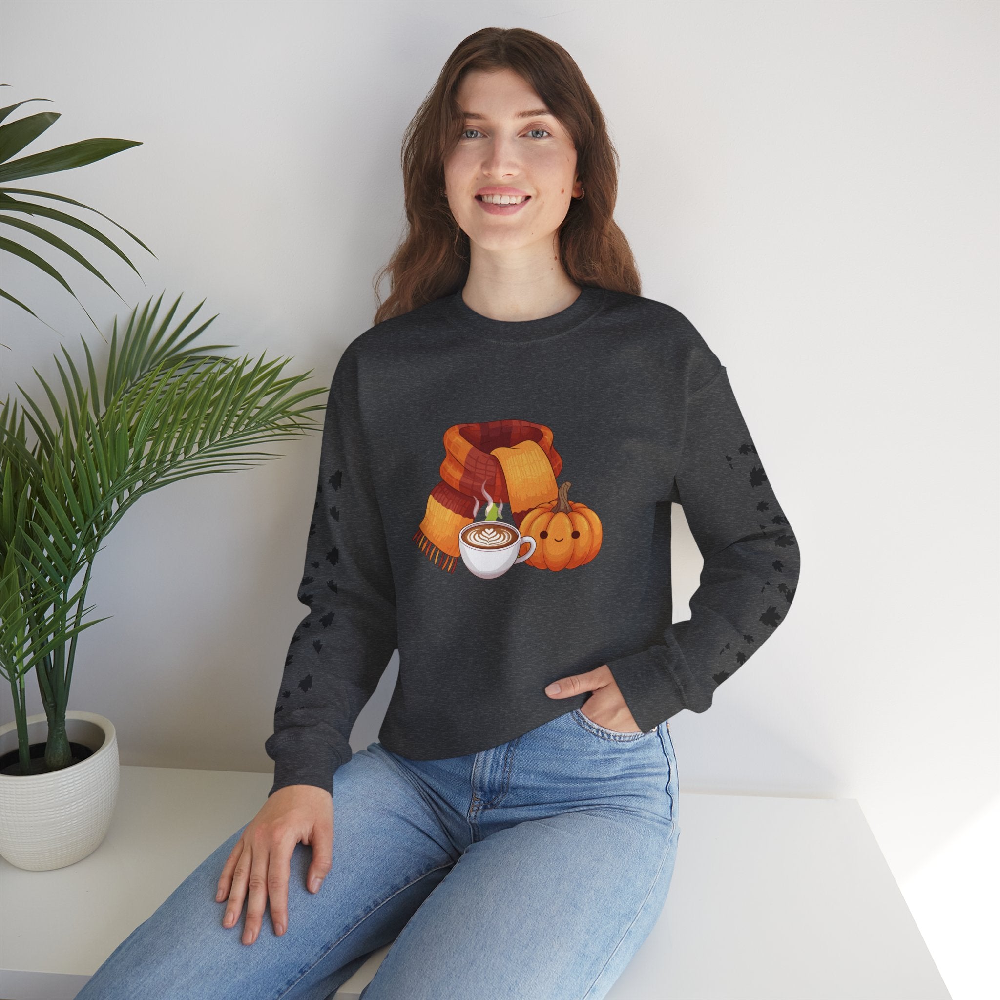 Fall Cozy Crewneck Sweatshirt — Pumpkin Latte, Scarf & Leaf Sleeve Design