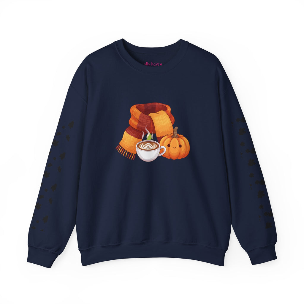 Fall Cozy Crewneck Sweatshirt — Pumpkin Latte, Scarf & Leaf Sleeve Design