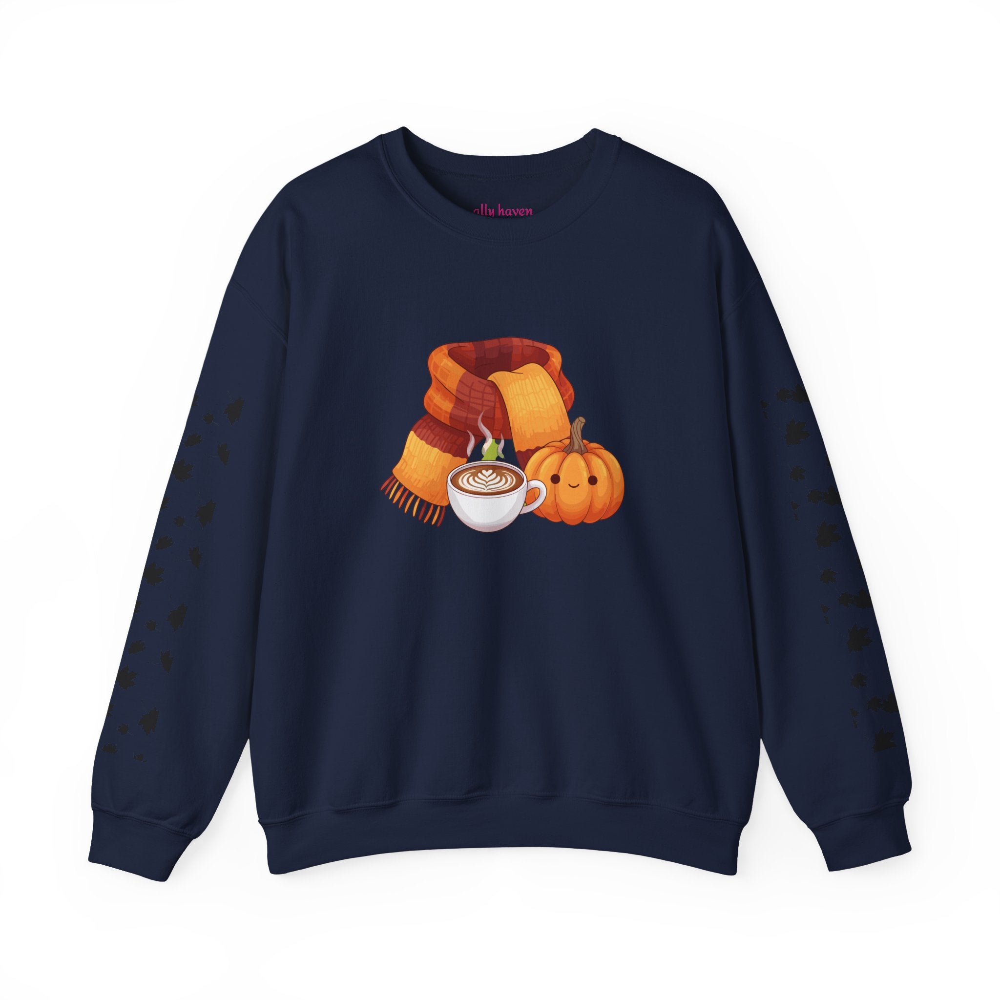 Fall Cozy Crewneck Sweatshirt — Pumpkin Latte, Scarf & Leaf Sleeve Design