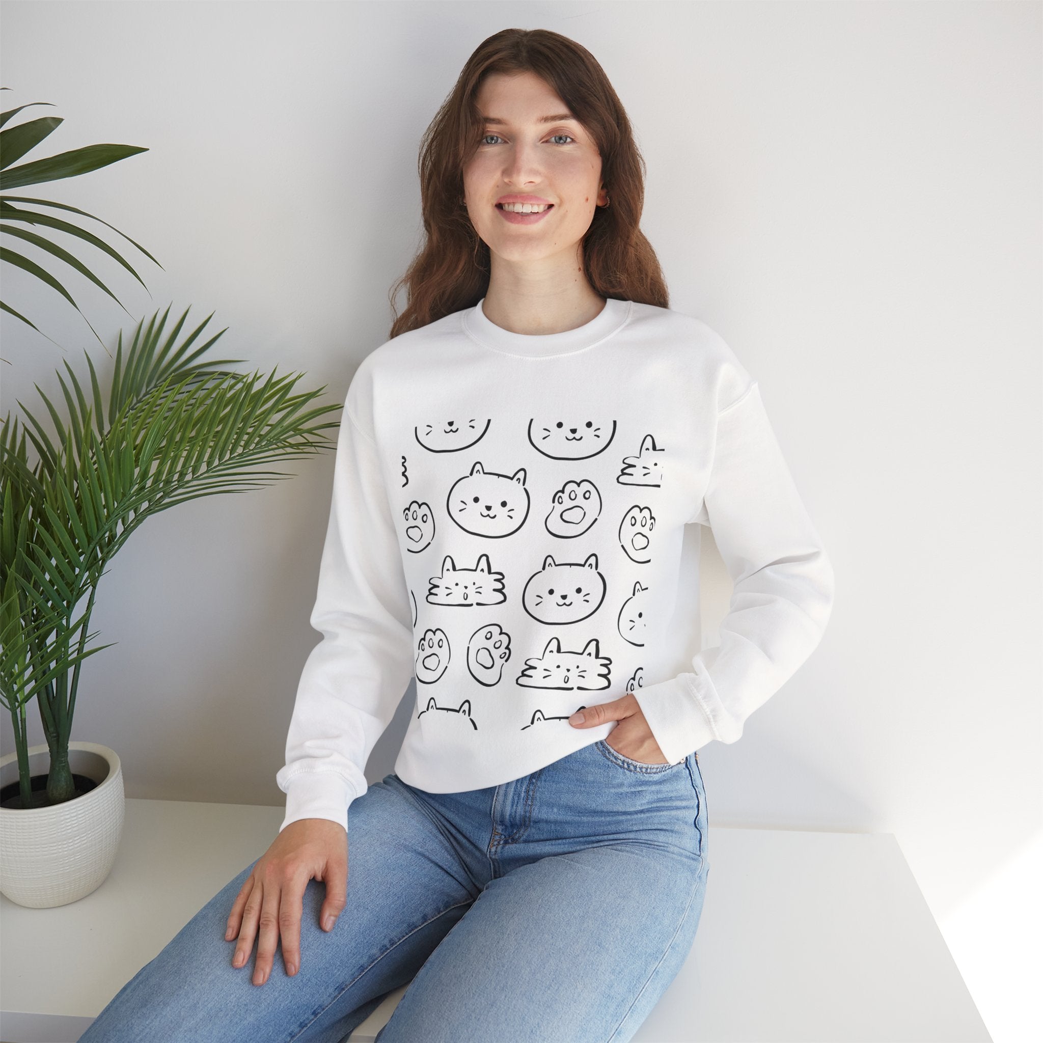 Cozy Cat Grid Crewneck Sweatshirt — 'meow meow meow meow'