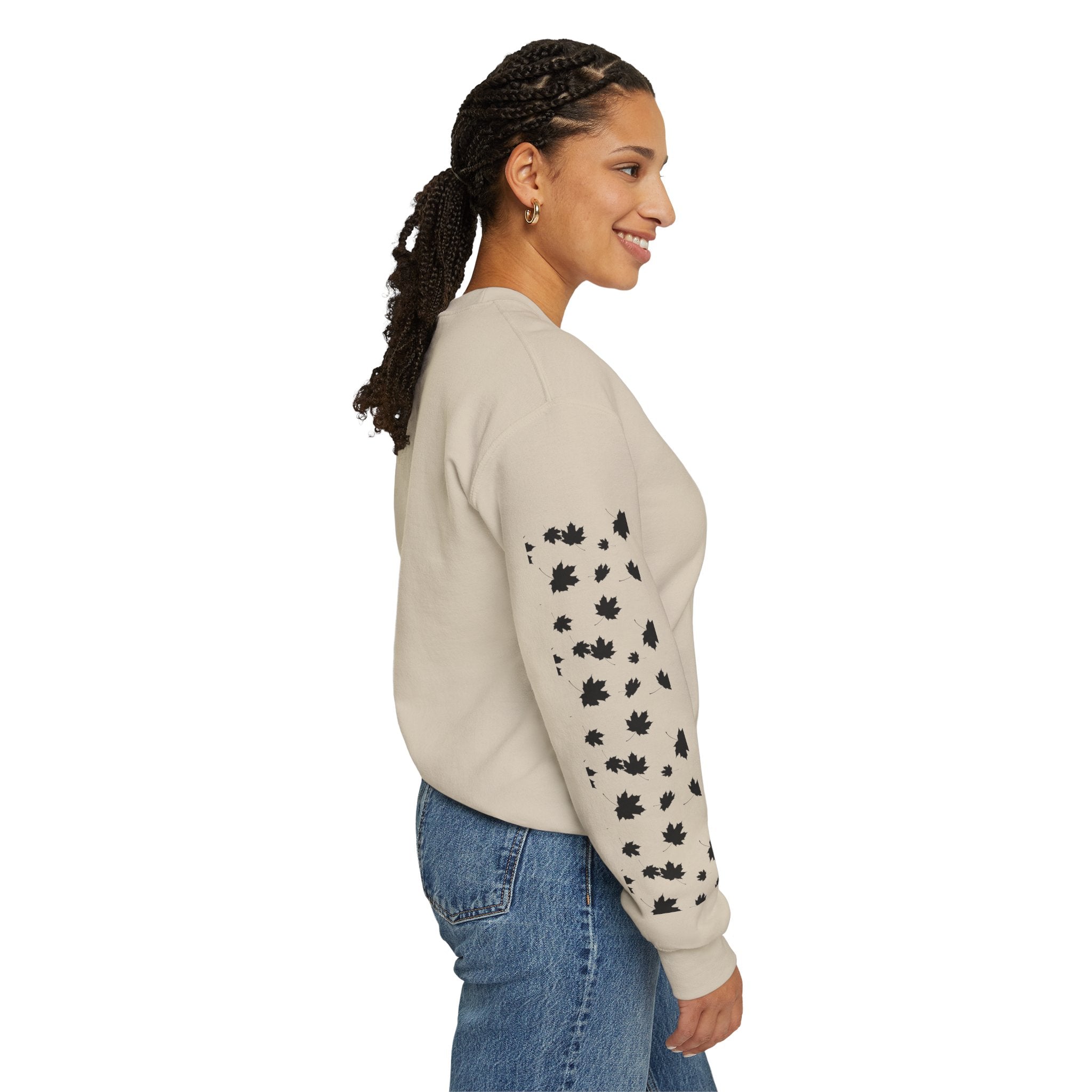 Fall Cozy Crewneck Sweatshirt — Pumpkin Latte, Scarf & Leaf Sleeve Design