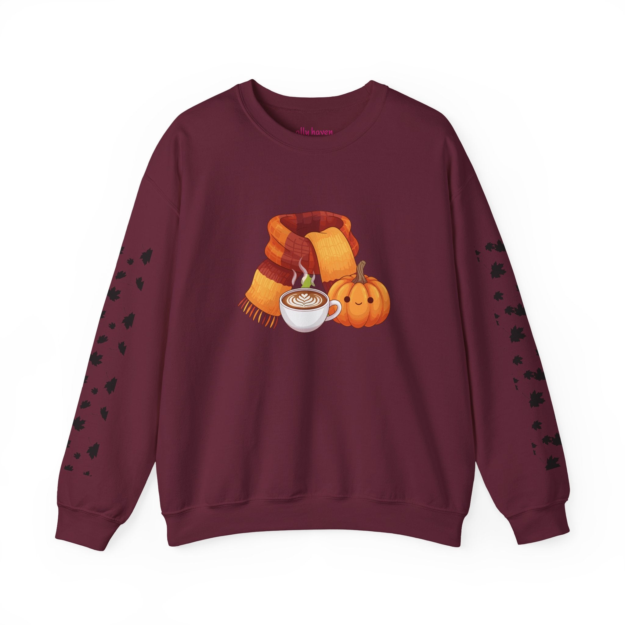 Fall Cozy Crewneck Sweatshirt — Pumpkin Latte, Scarf & Leaf Sleeve Design