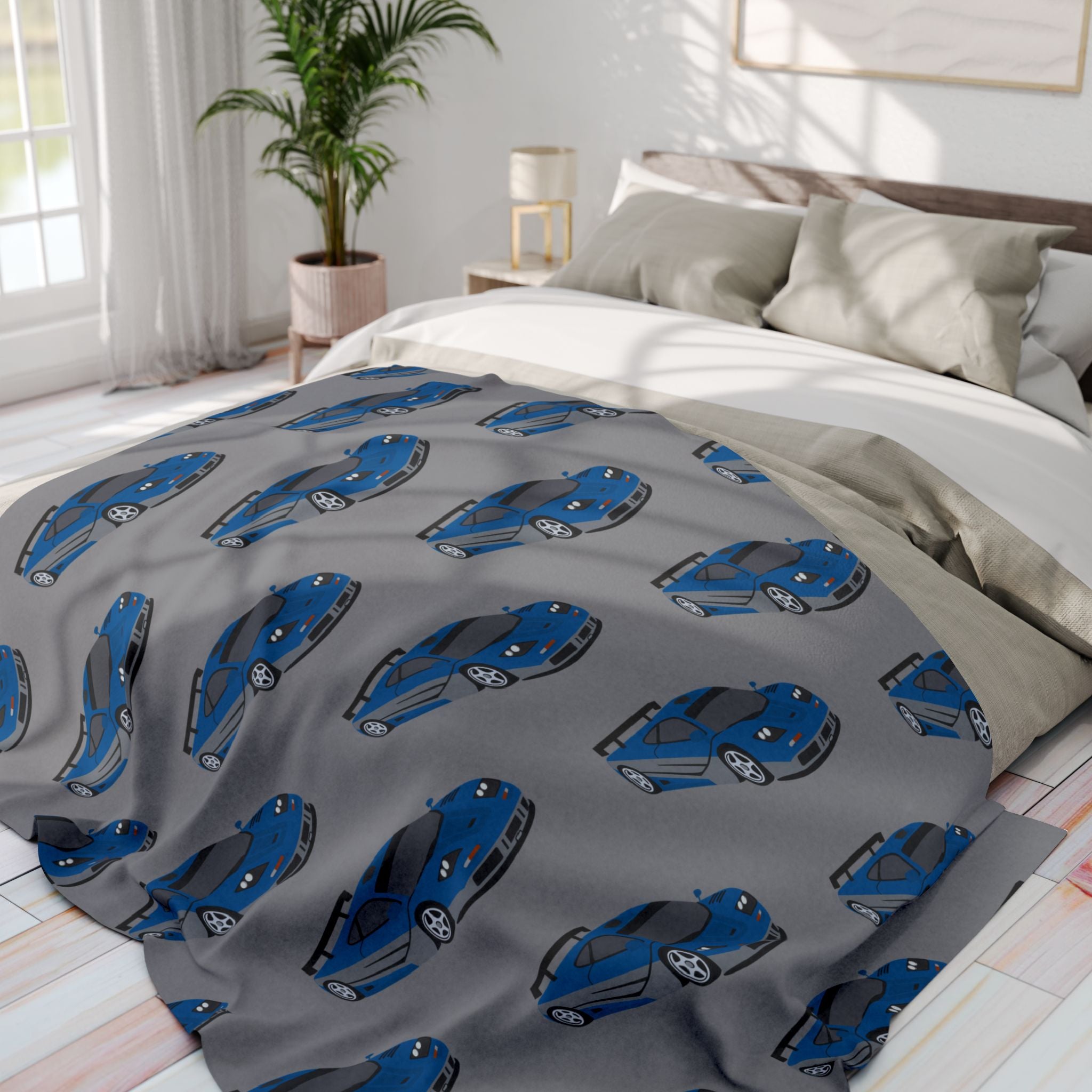 Vintage Blue Sports Cars Fleece Blanket — Retro Car Throw for Auto Enthusiasts