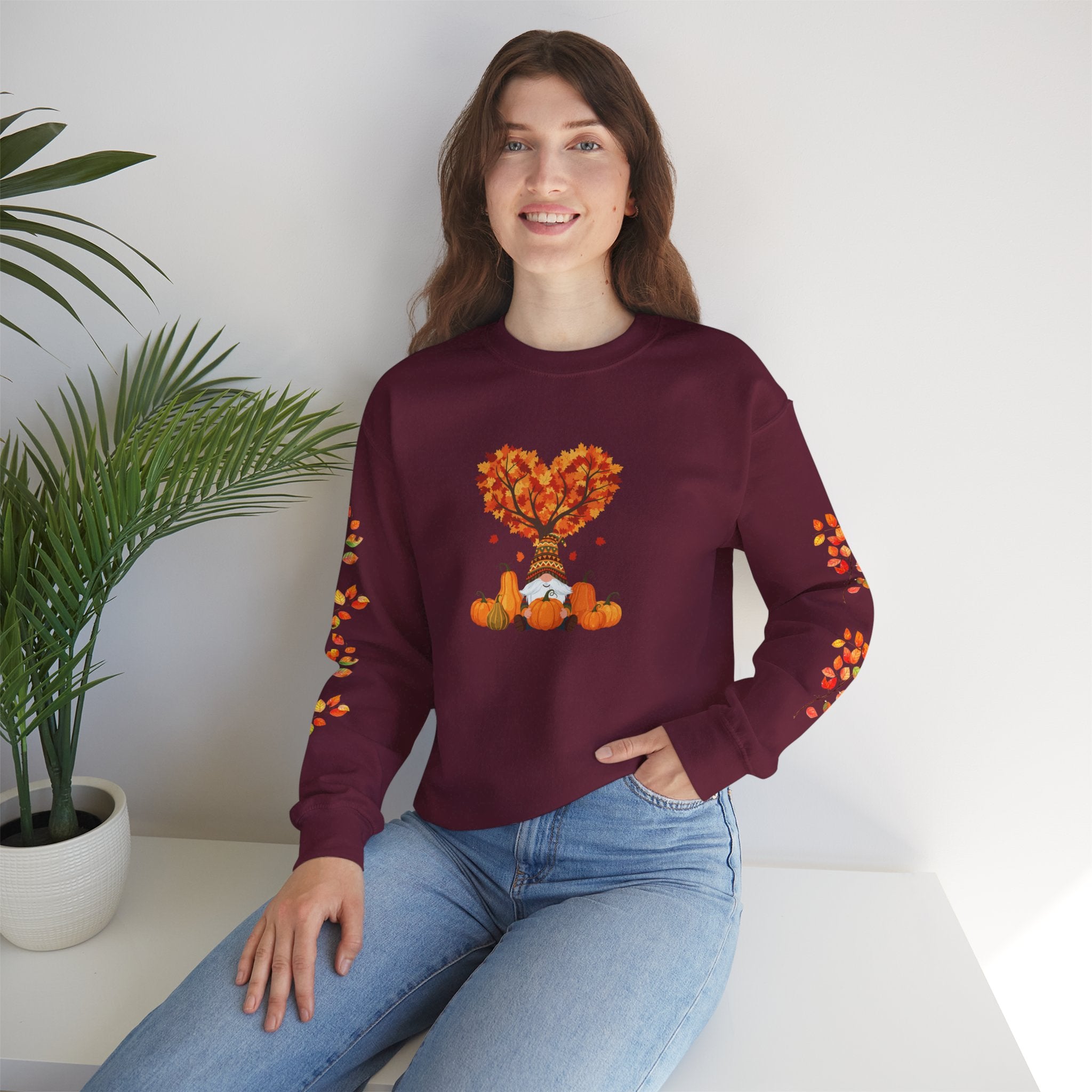 Autumn Heart Pumpkin Sweatshirt — Fall Leaves Crewneck