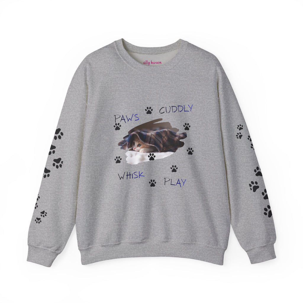 'Paws Cuddly Whisk Play' Crewneck Sweatshirt with Paw‑Print Sleeves