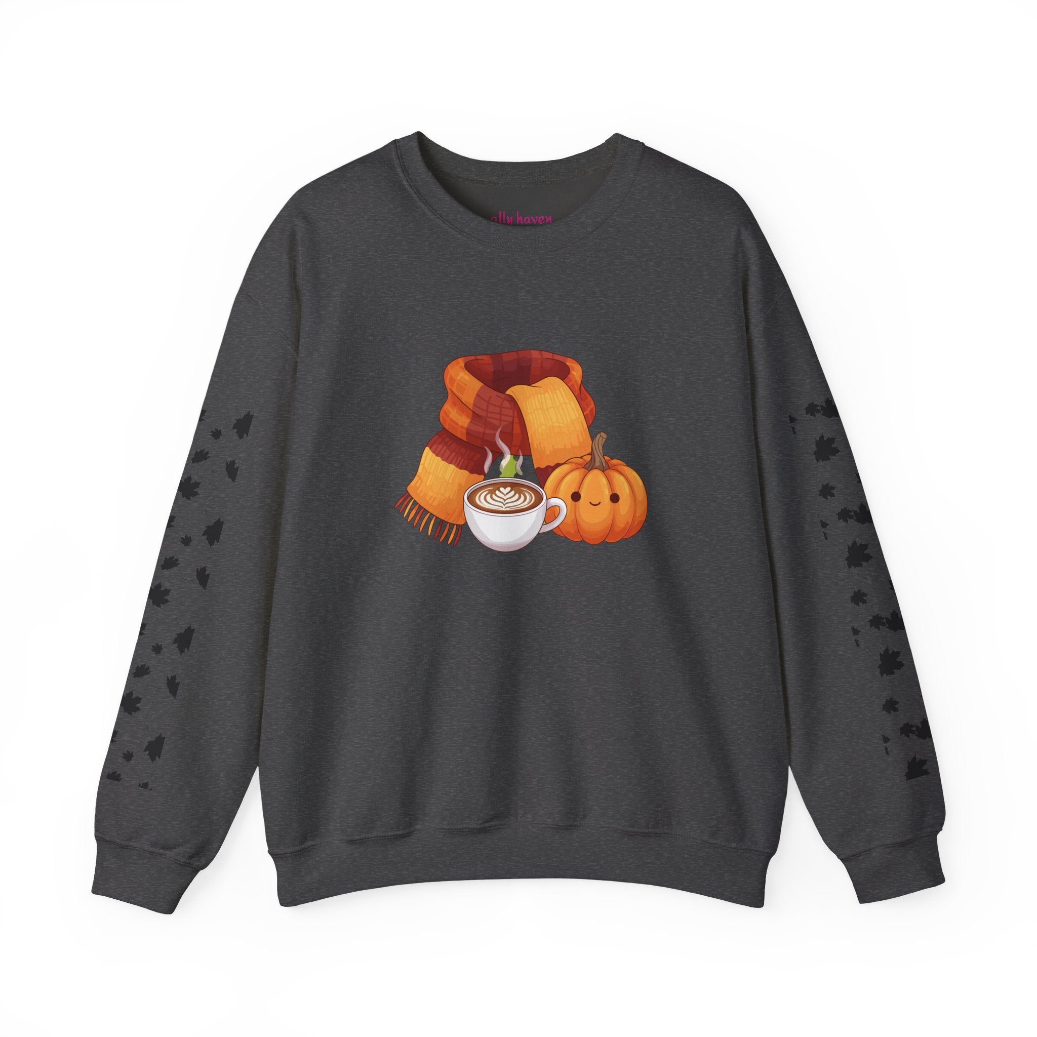 Fall Cozy Crewneck Sweatshirt — Pumpkin Latte, Scarf & Leaf Sleeve Design