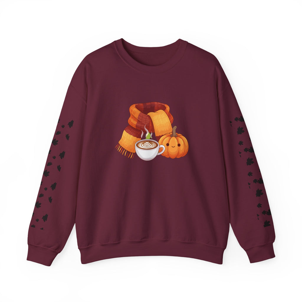 Fall Cozy Crewneck Sweatshirt — Pumpkin Latte, Scarf & Leaf Sleeve Design