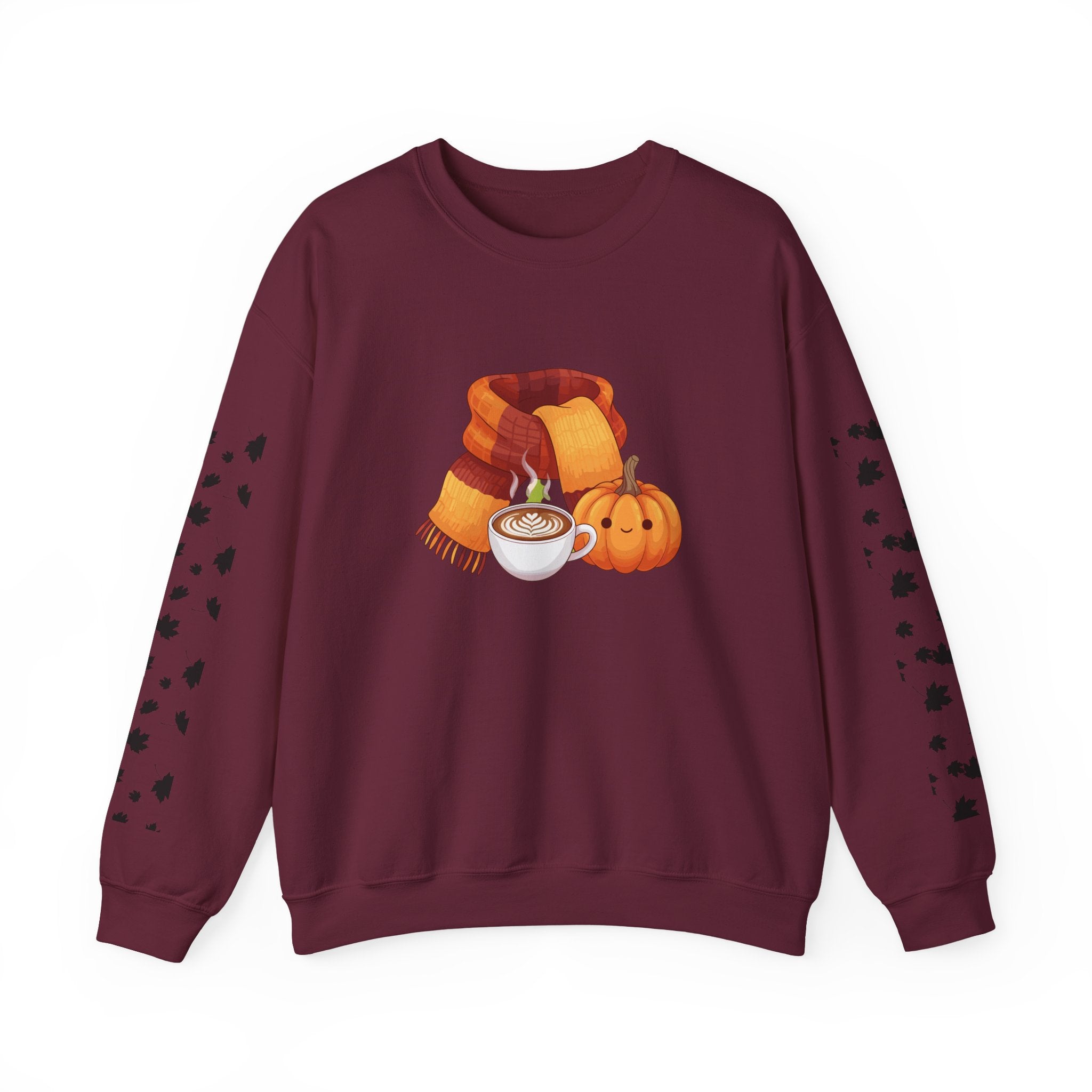 Fall Cozy Crewneck Sweatshirt — Pumpkin Latte, Scarf & Leaf Sleeve Design