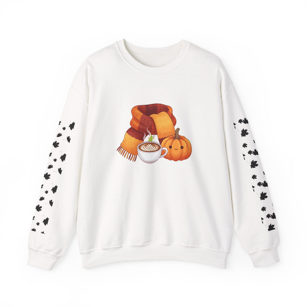Fall Cozy Crewneck Sweatshirt — Pumpkin Latte, Scarf & Leaf Sleeve Design
