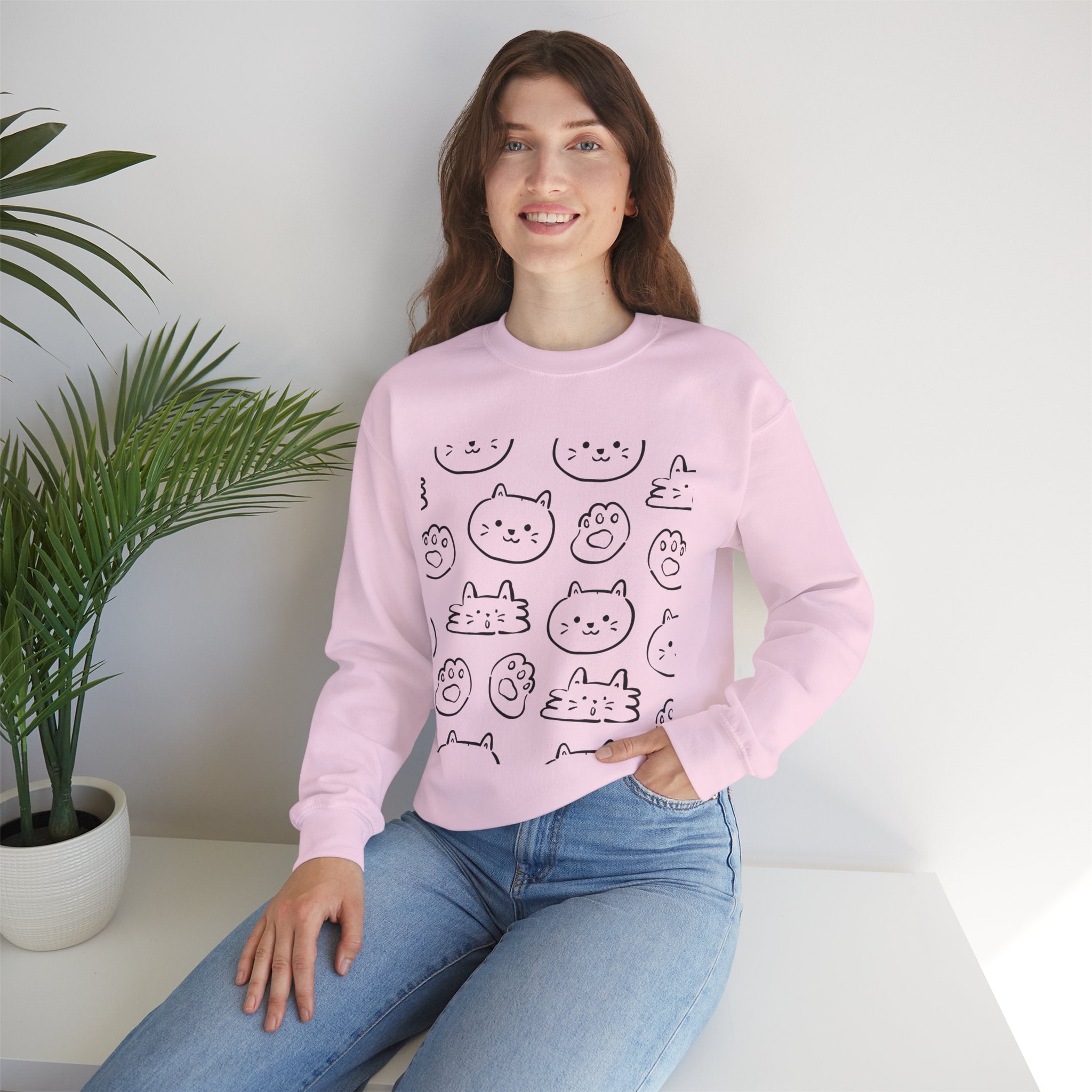 Cozy Cat Grid Crewneck Sweatshirt — 'meow meow meow meow'