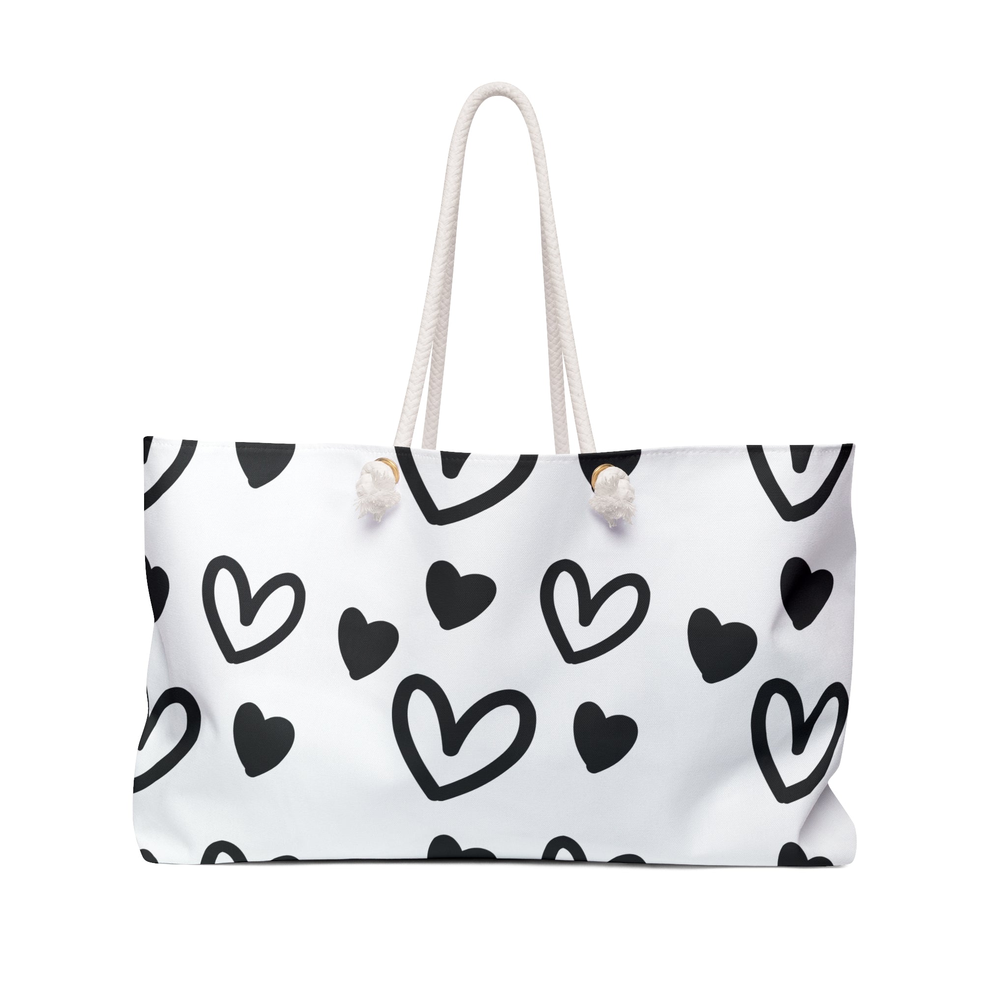 Black & White Heart Weekender Bag — Spacious Rope-Handle Travel Tote