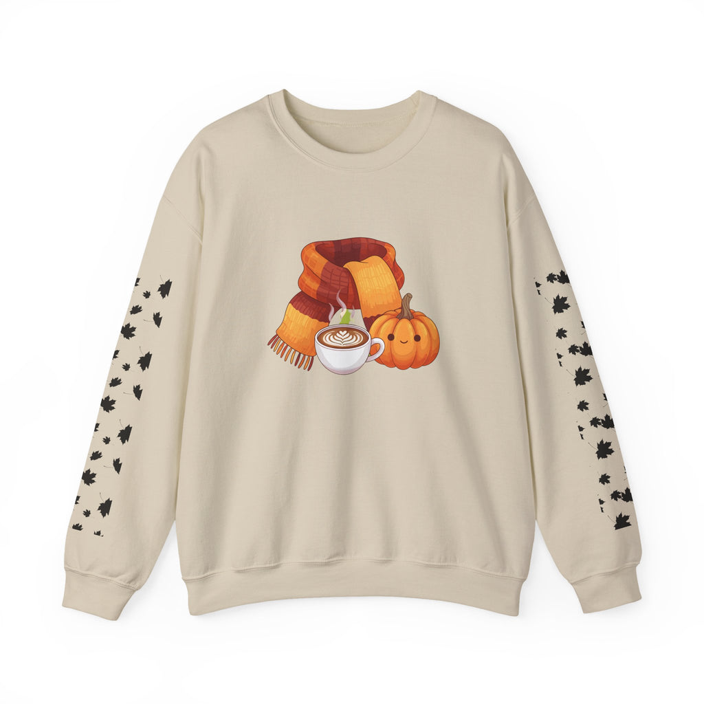 Fall Cozy Crewneck Sweatshirt — Pumpkin Latte, Scarf & Leaf Sleeve Design