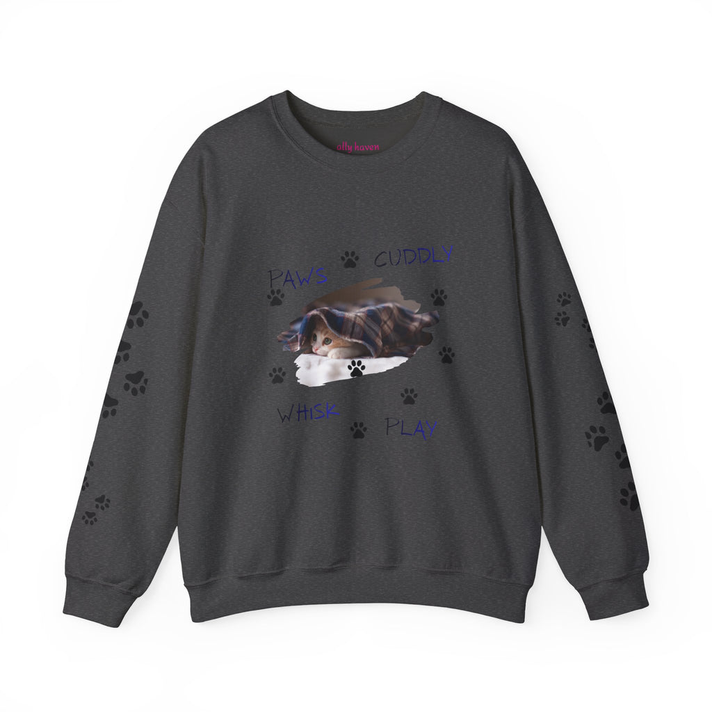 'Paws Cuddly Whisk Play' Crewneck Sweatshirt with Paw‑Print Sleeves