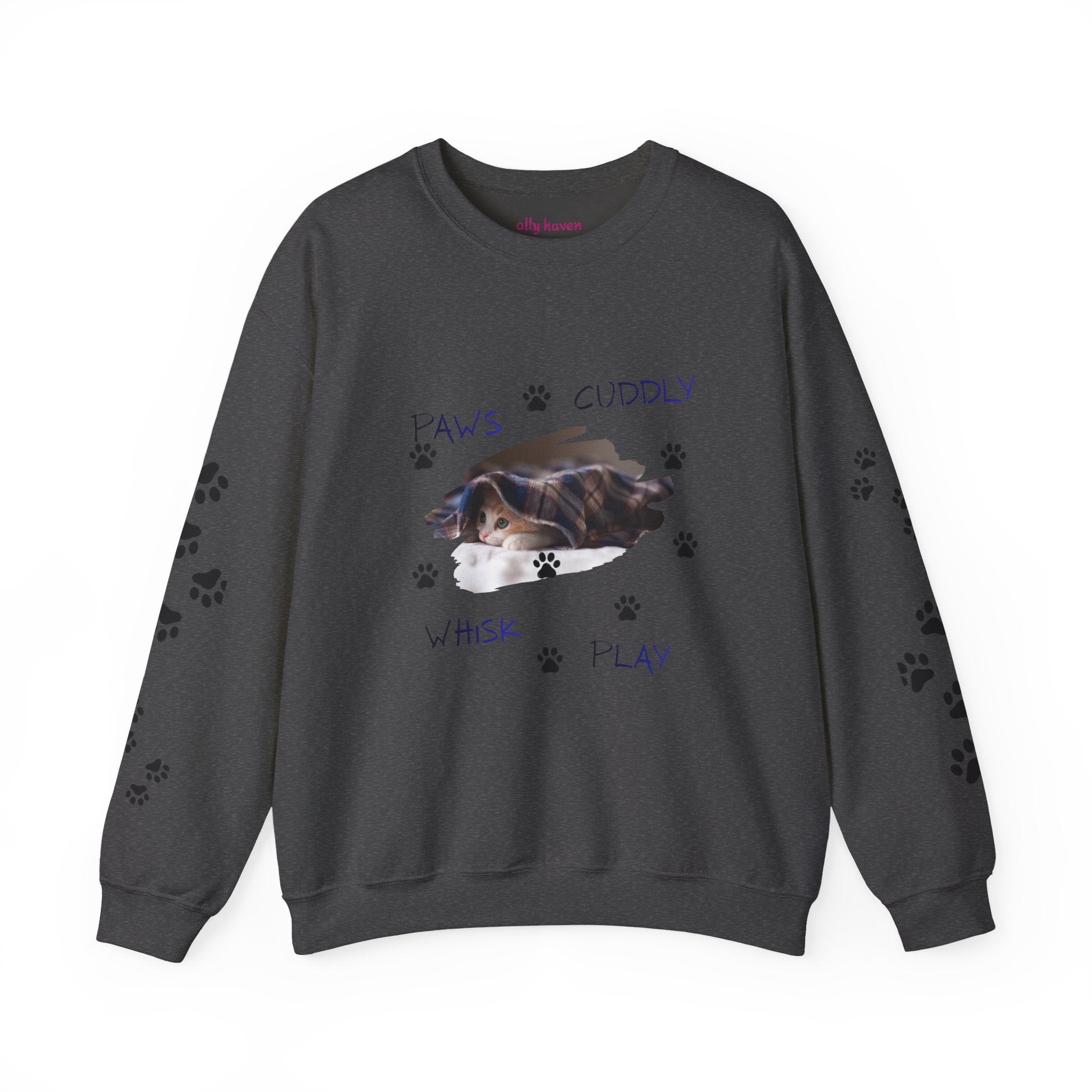 'Paws Cuddly Whisk Play' Crewneck Sweatshirt with Paw‑Print Sleeves