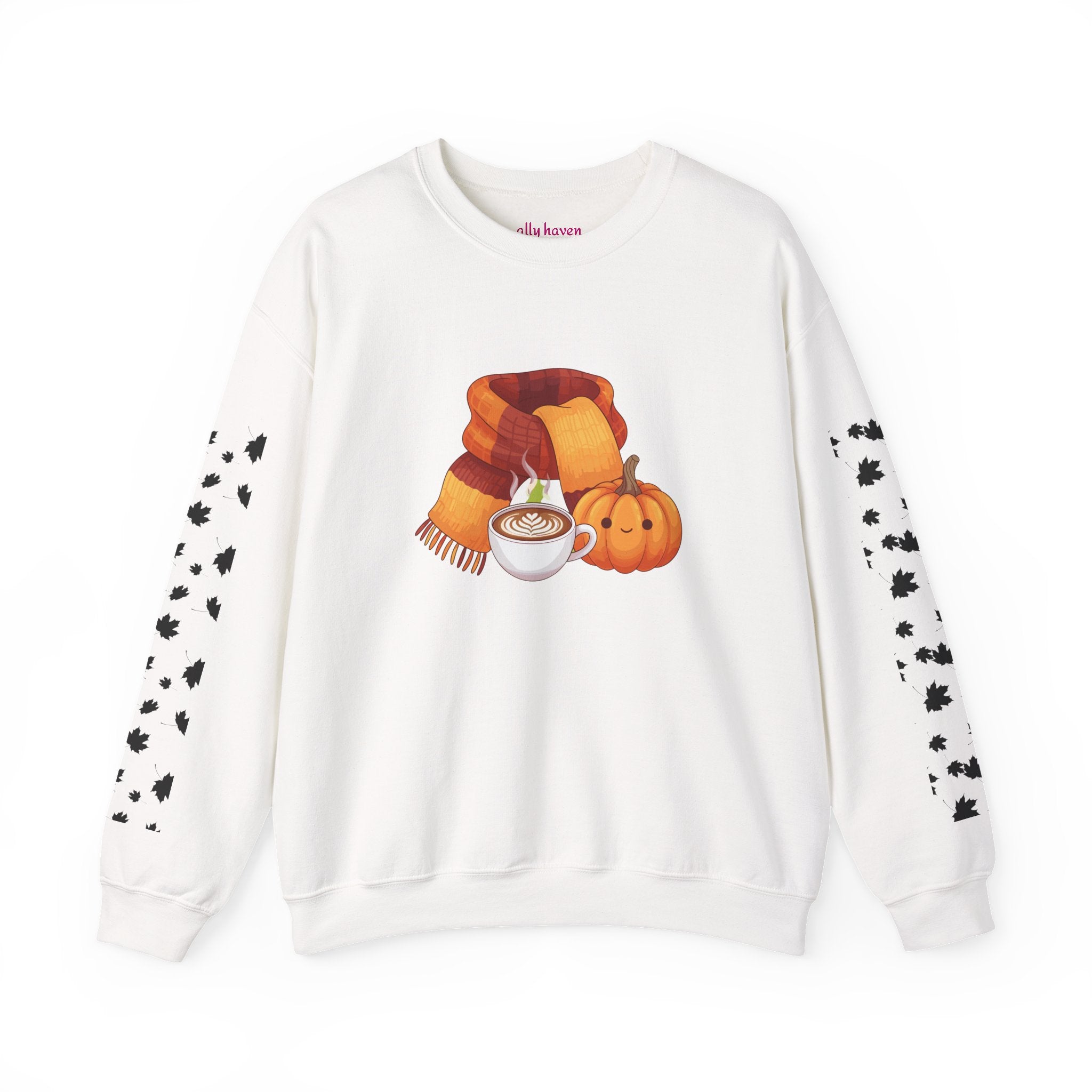 Fall Cozy Crewneck Sweatshirt — Pumpkin Latte, Scarf & Leaf Sleeve Design