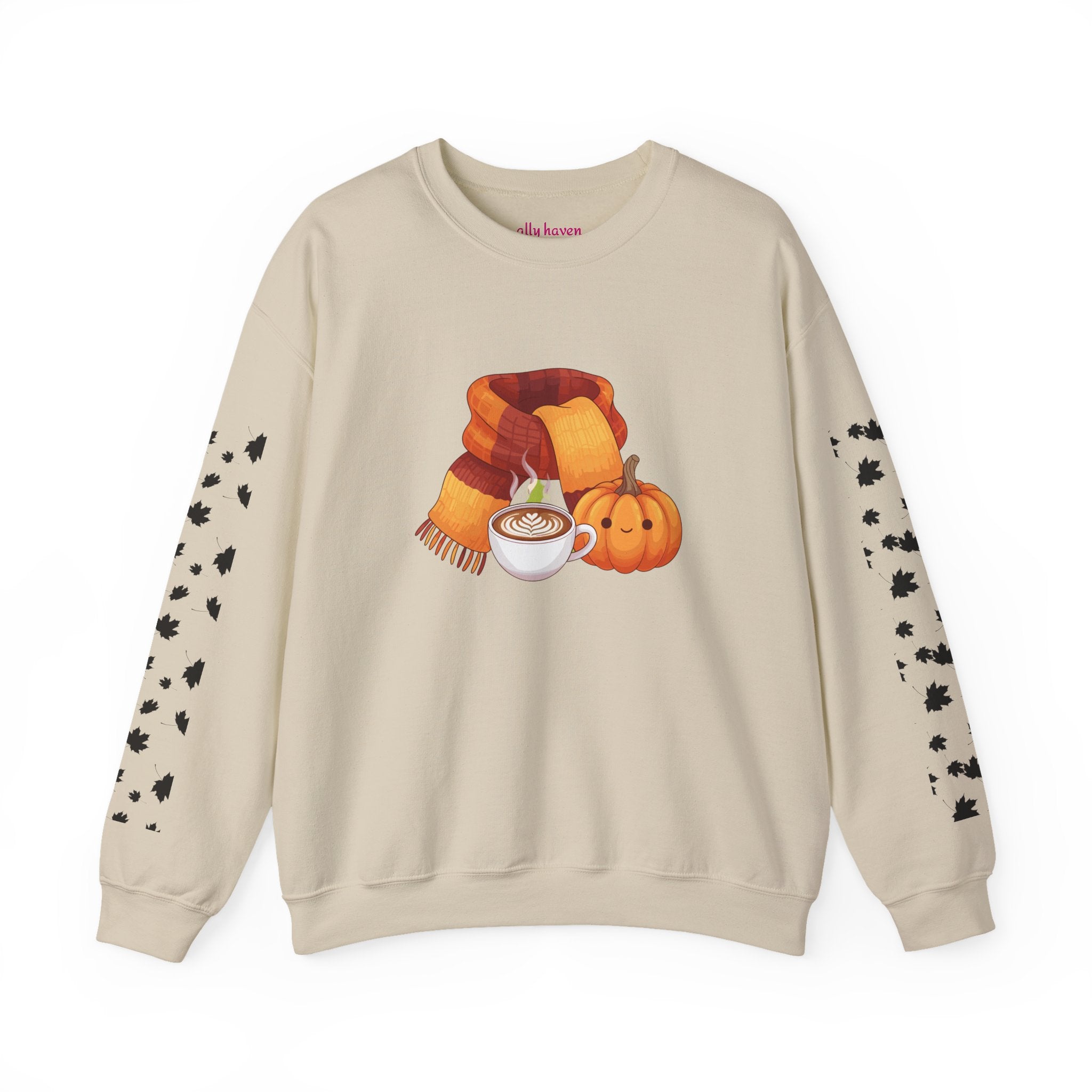 Fall Cozy Crewneck Sweatshirt — Pumpkin Latte, Scarf & Leaf Sleeve Design