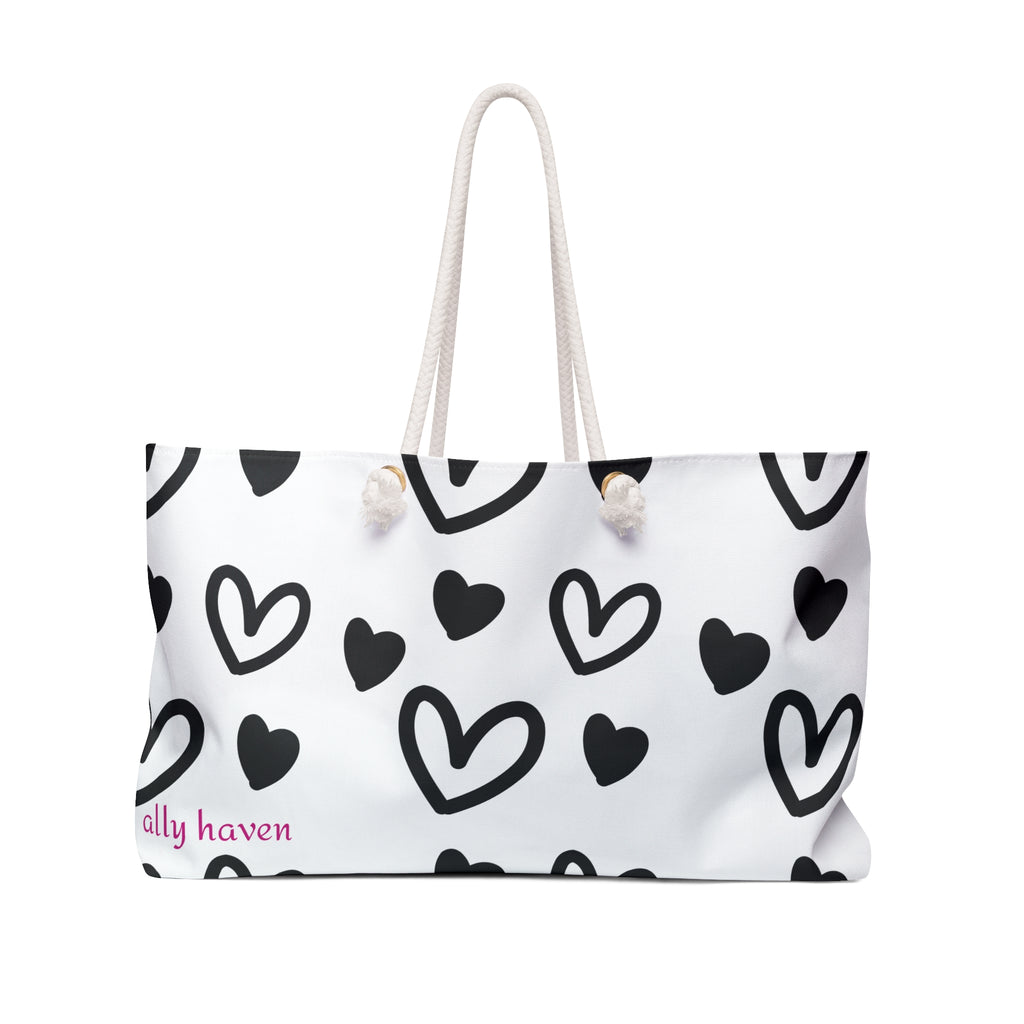 Black & White Heart Weekender Bag — Spacious Rope-Handle Travel Tote
