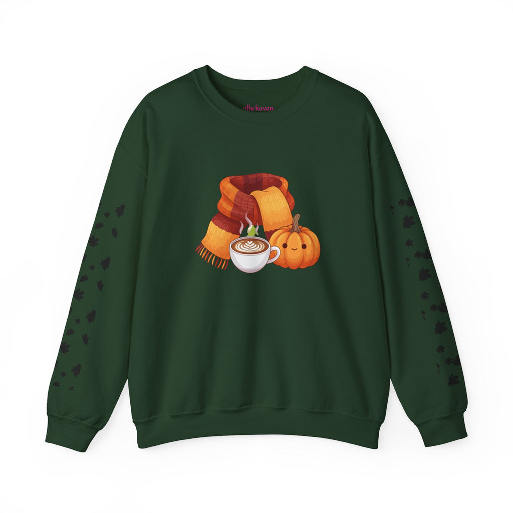 Fall Cozy Crewneck Sweatshirt — Pumpkin Latte, Scarf & Leaf Sleeve Design