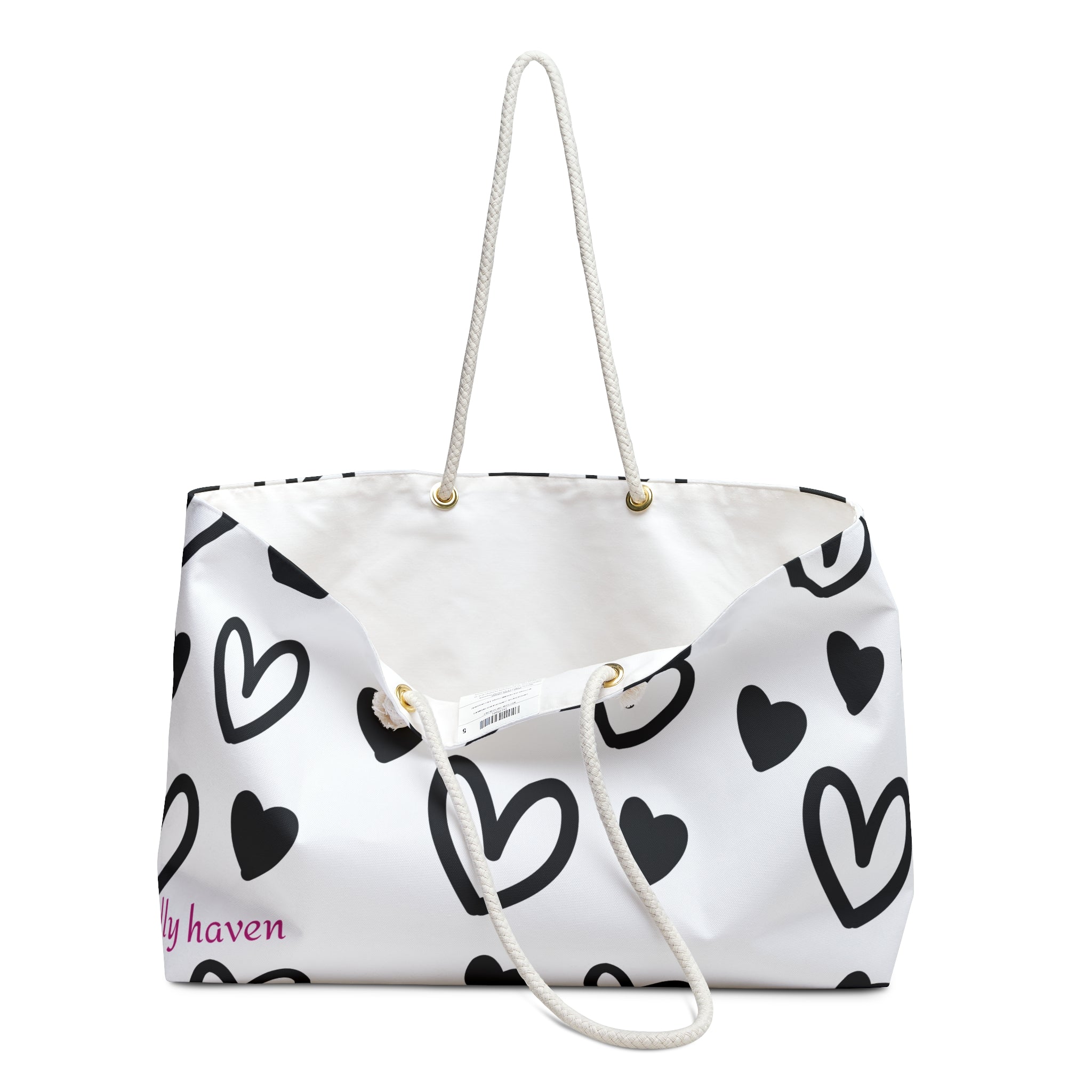 Black & White Heart Weekender Bag — Spacious Rope-Handle Travel Tote