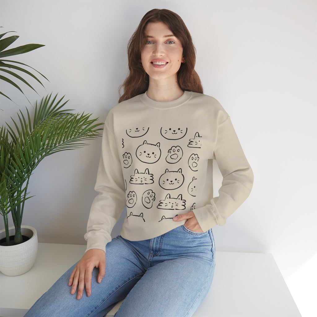 Cozy Cat Grid Crewneck Sweatshirt — 'meow meow meow meow'
