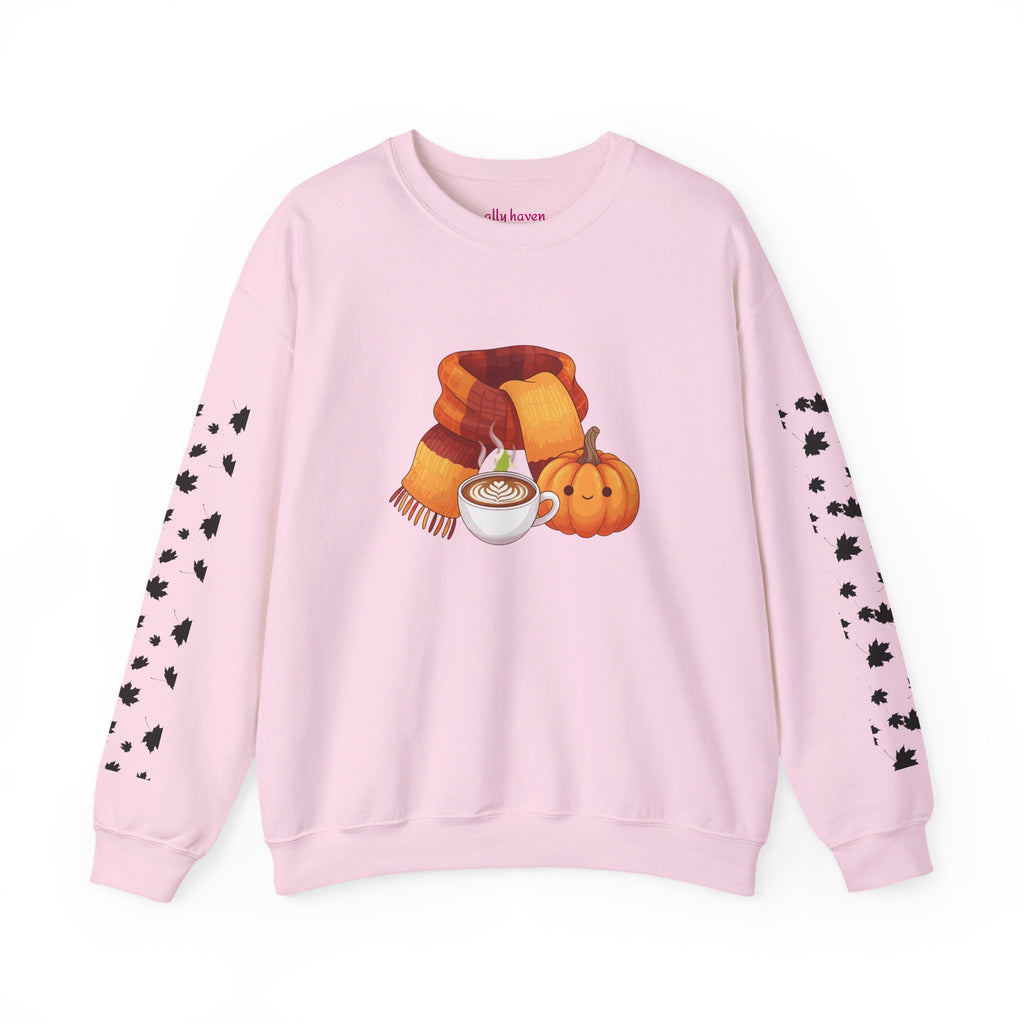 Fall Cozy Crewneck Sweatshirt — Pumpkin Latte, Scarf & Leaf Sleeve Design