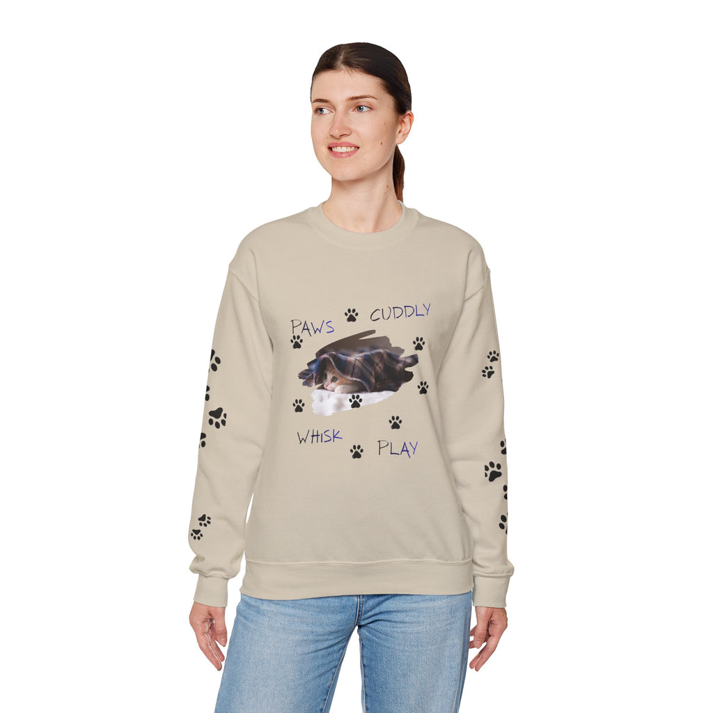 'Paws Cuddly Whisk Play' Crewneck Sweatshirt with Paw‑Print Sleeves