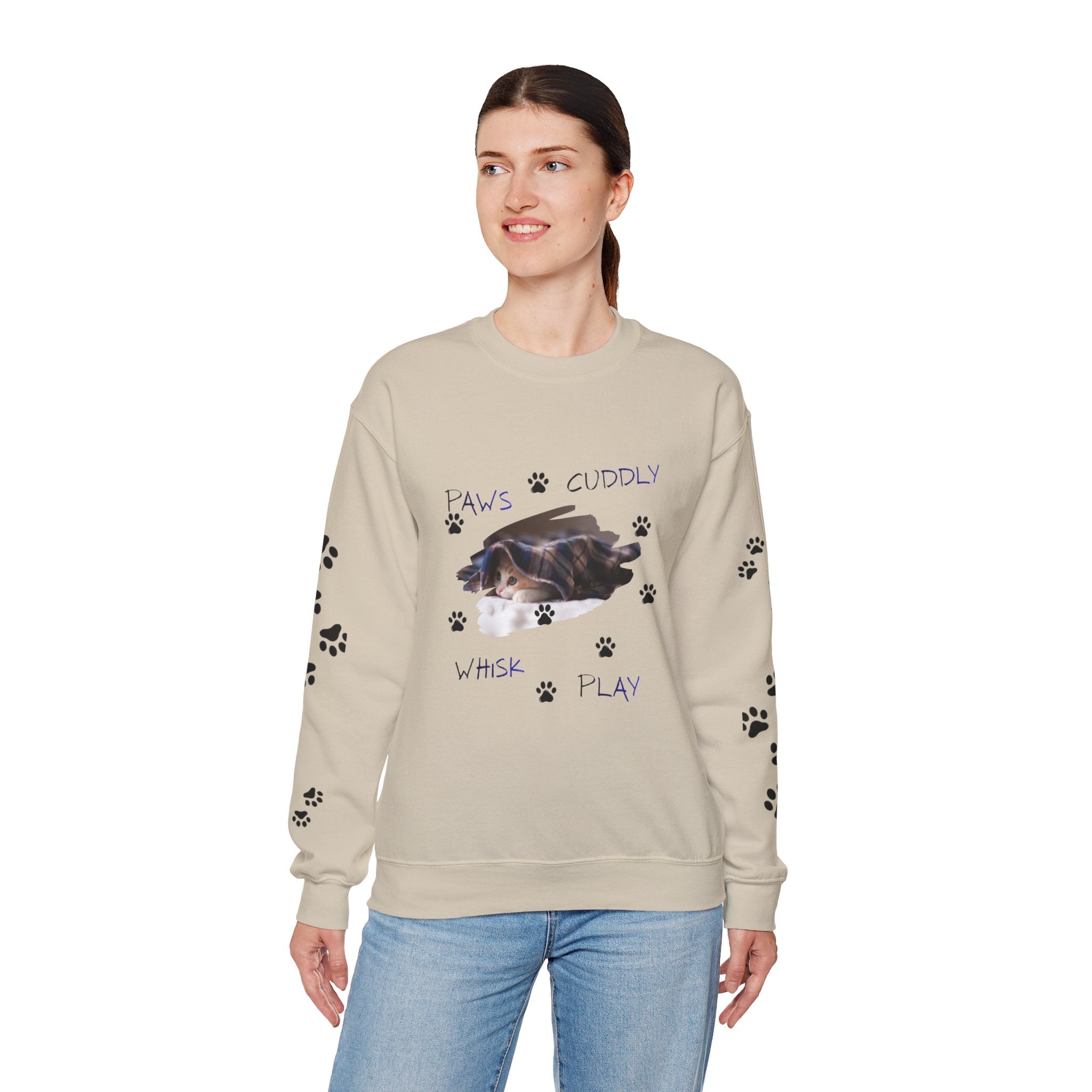 'Paws Cuddly Whisk Play' Crewneck Sweatshirt with Paw‑Print Sleeves