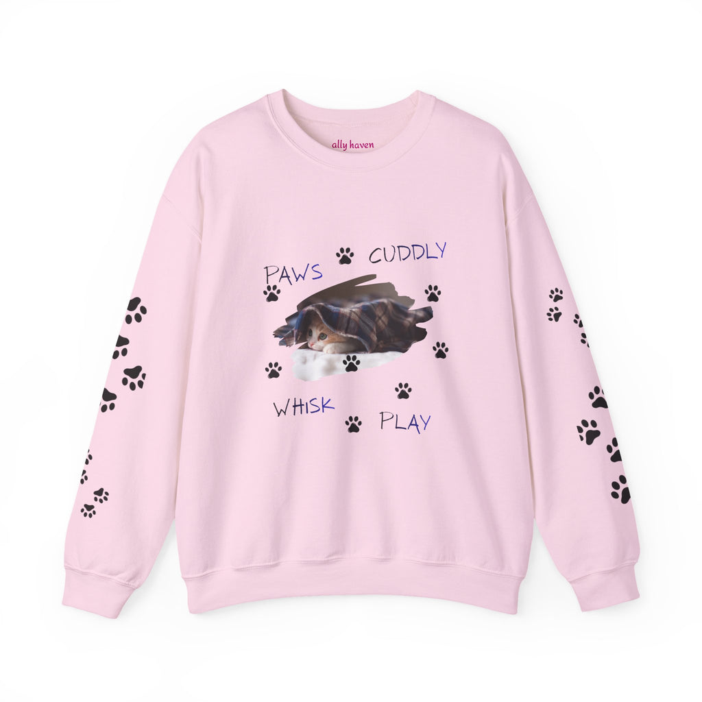 'Paws Cuddly Whisk Play' Crewneck Sweatshirt with Paw‑Print Sleeves