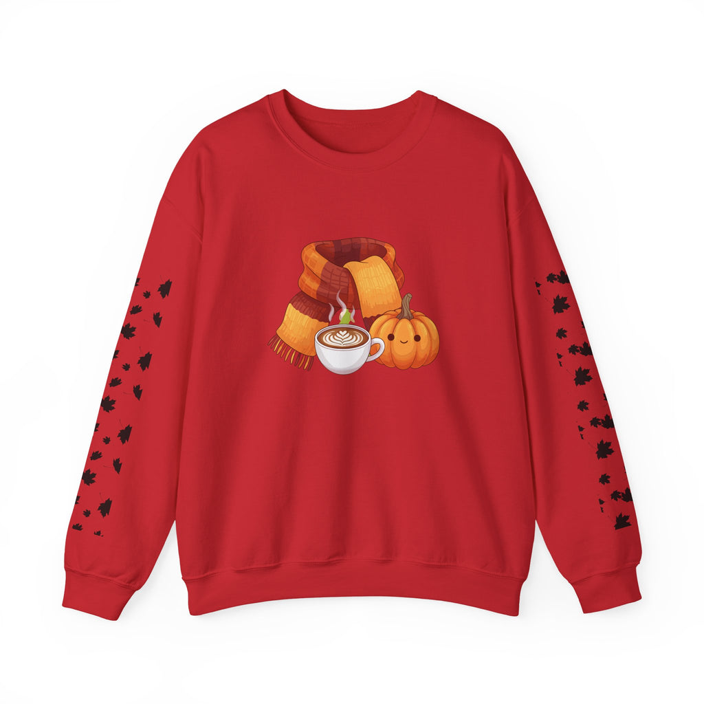 Fall Cozy Crewneck Sweatshirt — Pumpkin Latte, Scarf & Leaf Sleeve Design
